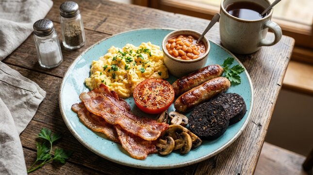 Full english breakfast with bacon sausages and eggs