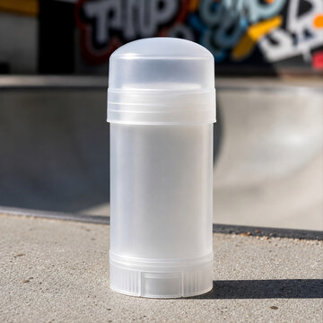 Empty translucent plastic deodorant stick container on outdoor concrete surface with deodorant container translucent packaging cosmetic grooming personal wellness skincare toiletries