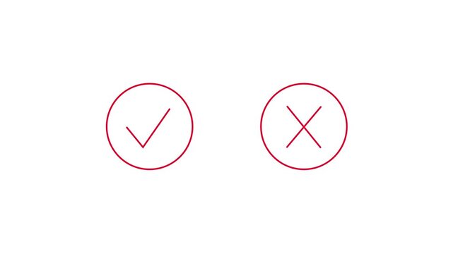 Minimalist animated green checkmark and red cross icons inside circles isolated on white background for correct wrong