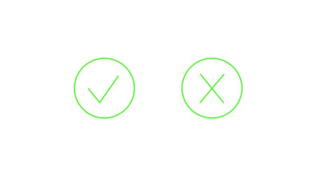 Minimalist animated green checkmark and red cross icons inside circles isolated on white background for correct wrong