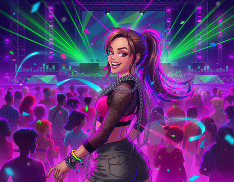 Metaverse AI Girlfriend with a glowing ponytail dances at a virtual concert under vibrant, looping stage lasers.