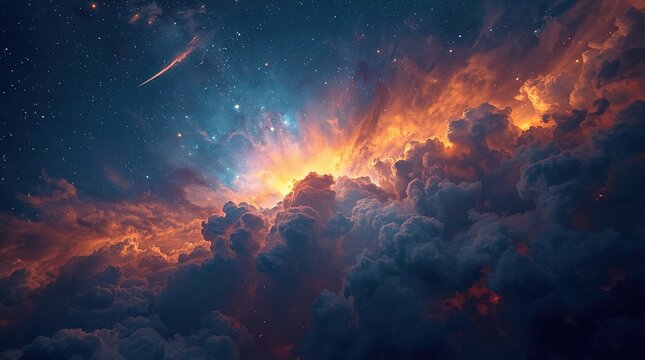 Vibrant cosmic clouds illuminated by a fiery nebula against a starry night sky