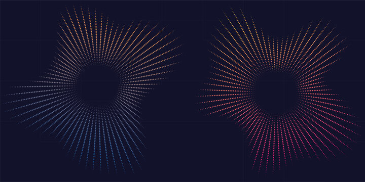 Dual circular audio frequency waves representing digital data with visualization circular particles abstract frequency waveform technology spectrum equalizer vibration electronic connection