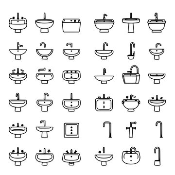 Collection of 16 distinct sink icons arranged in a 4x4 grid, each depicting various types of sinks and faucets in a minimalist, black-and-white vector illustration style. The icons include differen...