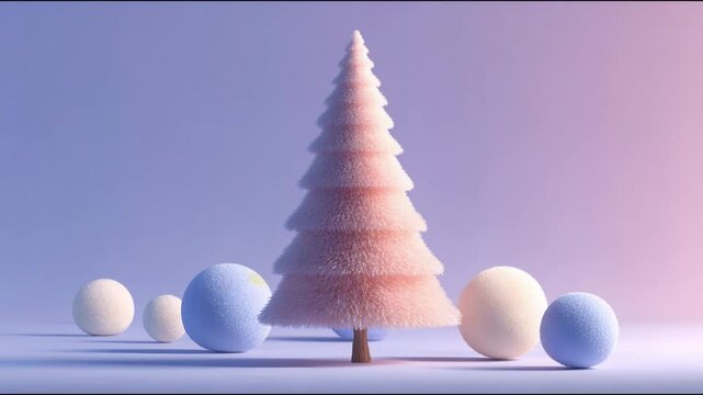 Decorative miniature Christmas tree with soft sphere ornaments. Creative festive composition for New Year holiday. Minimalist 3D art design for seasonal decor.