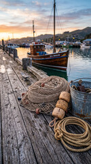 Obraz premium Red de pesca artesanal sobre un muelle tradicional con ambiente marinero auténtico.