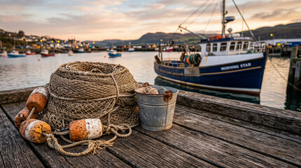 Obraz premium Red de pesca artesanal sobre un muelle tradicional con ambiente marinero auténtico.