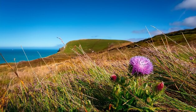 Isolated Blooming Flower Against Grass And Weeds Green And Brown Hill On Cloudless Clear Blue Sky In Autumn Landscape Isolated Wildflower In Rural Wales At Three Cliffs Bay Uk