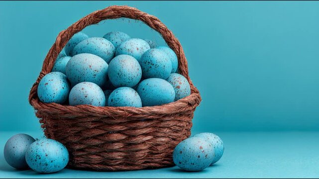 Blue speckled eggs in a woven wicker basket on a solid blue background. Festive arrangement for easter celebration. Traditional religious spring holiday decor.