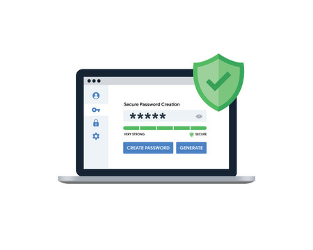 Secure Password Generator Dashboard UI Concept on Laptop with Verified Green Shield Vector