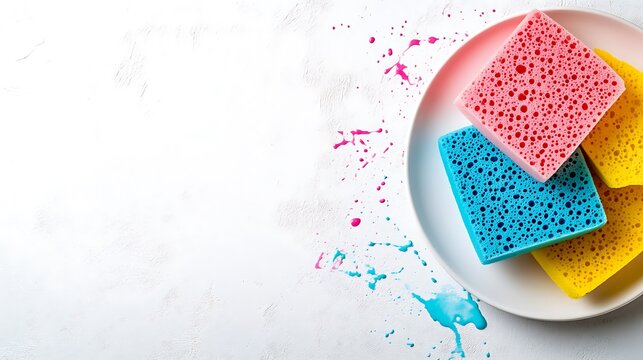 Colorful kitchen sponges on a white plate with paint splatters on a white surface