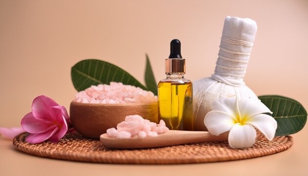 Holistic Skin Care Still Life Composition Essential Oil Bottle Salt Scrab Rosef And Rangipani Flower On Beige Background Spa And Auyrveda Beauty Centre