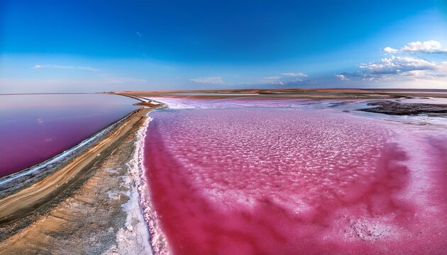 Pink Extremely Salty Syvash Lake Colored By Microalgae With Crystalline Salt Depositions Also Known As The Putrid Sea Or Rotten Sea Ukraine Kherson Region Near Crimea And Arabat Spit