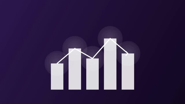 Animated financial bar chart and line graph showing data trends on a dark purple background
