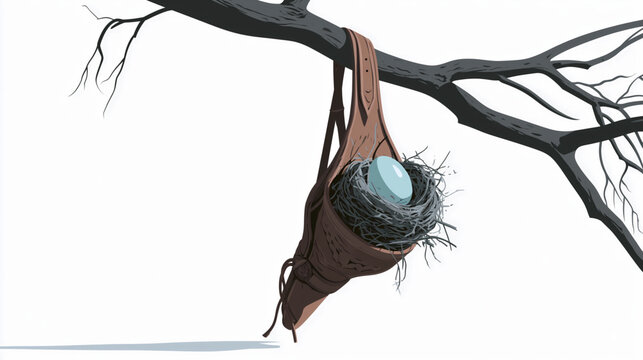 Tree with an empty bird nest hanging from its branches.