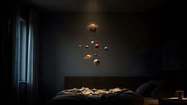 Modern bedroom with celestial wall art depicting planets and the sun, cozy bedding, and ambient moonlight from a window