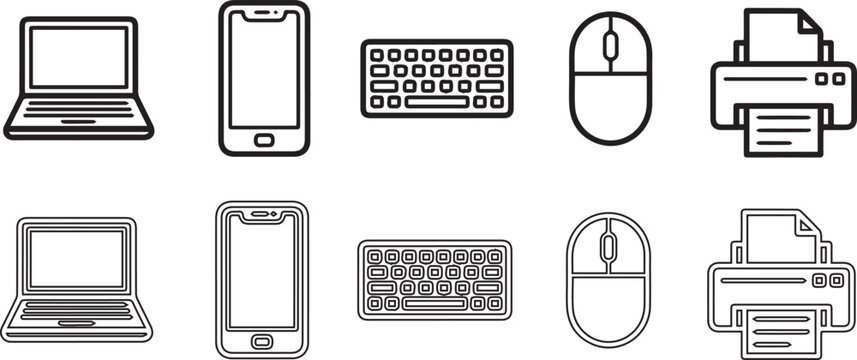 Set of black and white line art technology icons including laptop, smartphone, keyboard, mouse, and printer on white background.
