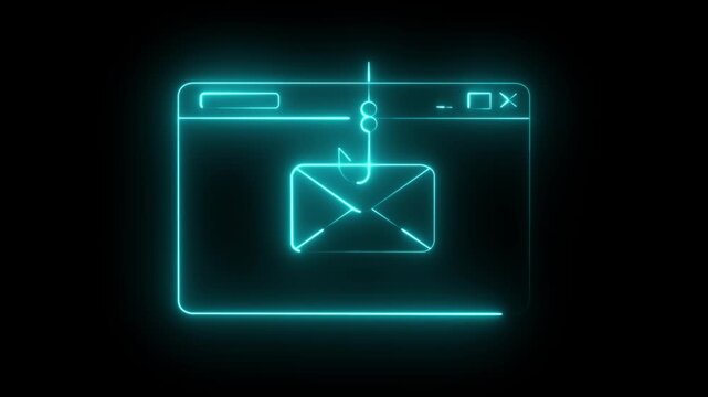 Neon Email Phishing Scam Icon Isolated on Black Background. Fishing hook stealing envelope from browser window.Concept of email phishing and email scams representing online fraud and cyber threats.4k
