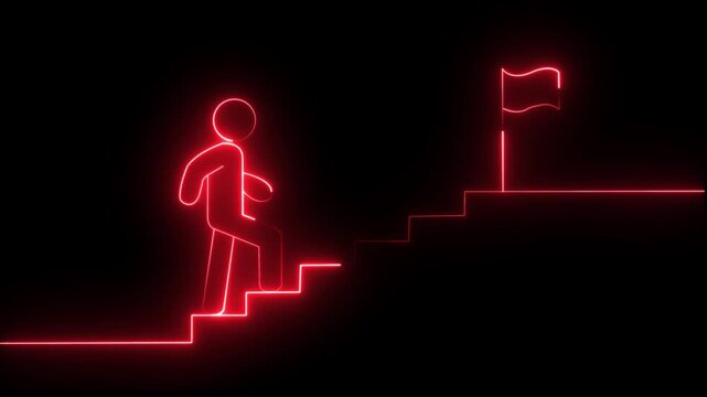 4K neon animation of a person climbing stairs with glowing neon lines on black background. Represents success, career growth, personal development, challenges, and achievement.4k motion video.