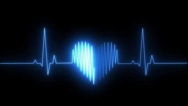 Heart Pulse Wave Animation with Medical ECG Signal and Cardiac Monitoring Visualization on Black Background 4k motion video.