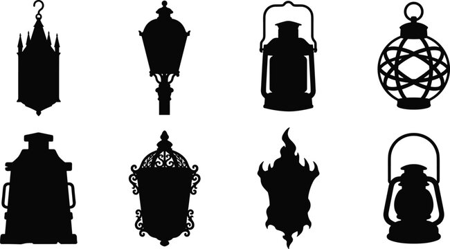 Vintage Lantern Silhouette Bundle Featuring Gothic Hanging and Classic Oil Lamps for Vector Design Collection