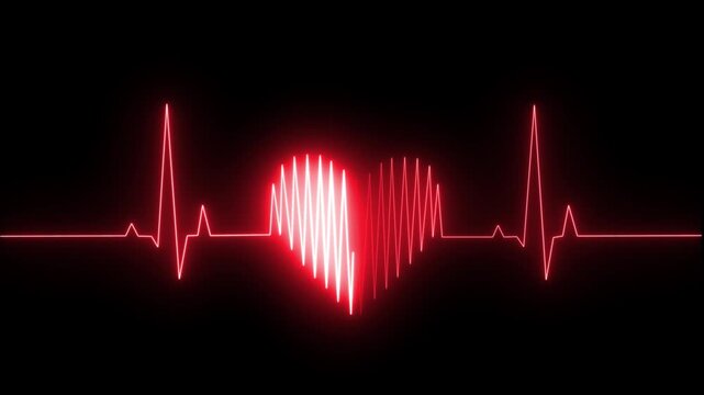 Heart Pulse Wave Animation with Medical ECG Signal and Cardiac Monitoring Visualization on Black Background 4k motion video.