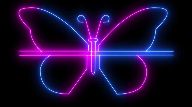 Neon Butterfly, one line drawing animation, video clip with alpha channel. Butterfly drawing with one continuous line. Single line design of beautiful butterfly for business, social