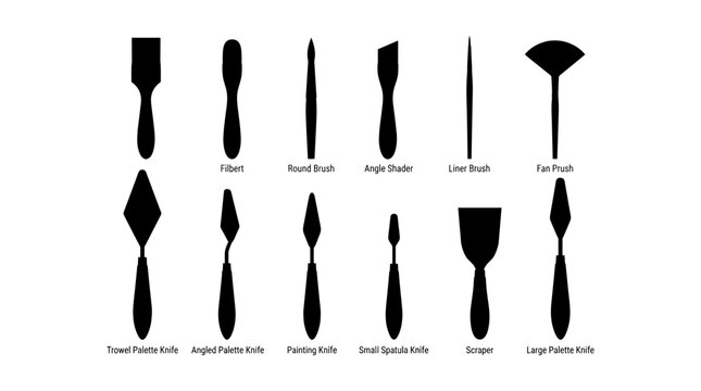 Brushes and Palette Knives in Various Shapes and Sizes Featuring Art, Painting, Tools with Round and Flat Elements for Fan, Liner
