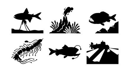 Monochromatic Silhouette Icons: Deep Sea Creatures, Volcano, and Vintage Aircraft Vector Set for Marine Biology and Adventure Themes © Lalmiya