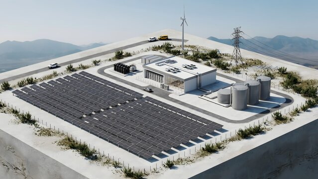 Renewable Energy Power Plant with Solar Panels and Wind Turbines on Elevated Site