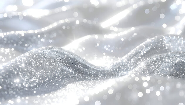 Abstract shimmering waves of white and silver particles, luxurious flowing fabric texture, sparkling bokeh highlights, clean elegant background for beauty or luxury themes