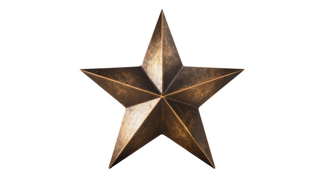 Isolated metallic five-pointed star with rustic texture, dark bronze finish, and sharp edges