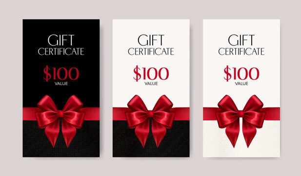 Elegant gift certificate designs featuring red bows and one hundred dollar value for various occasions and themes