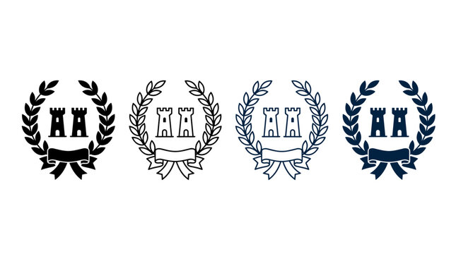 Laurel wreath with two castle towers and ribbon vector icons set