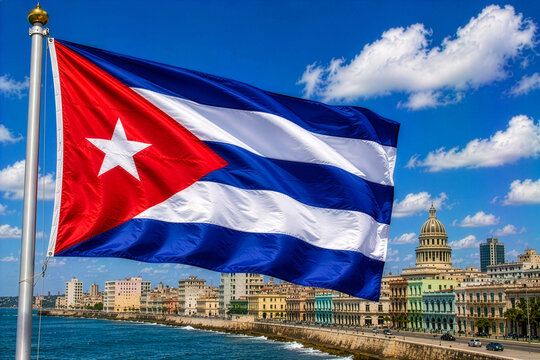 Cuban Flag Waving Over Havana Waterfront and El Capitolio AI Generated