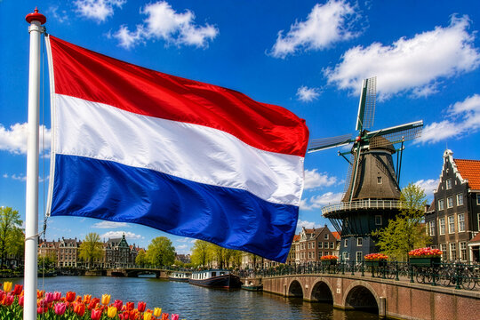 Dutch Flag Waving Over Amsterdam Canal and Windmill AI Generated