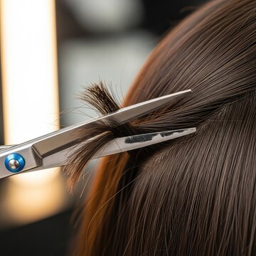 Professional hair scissors gently trimming the frayed tips of dark brown tresses to remove split ends while maintaining the overall length, details, maintenance, dark