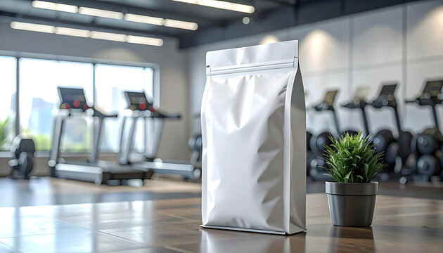 Blank white stand-up pouch packaging with zipper in a modern gym setting, product mockup