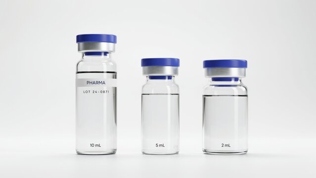 Set of medical glass vials with blue caps isolated on white background