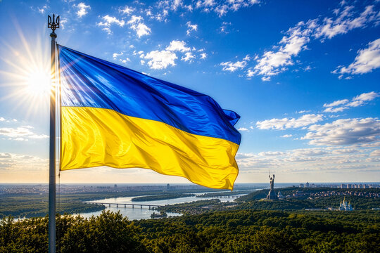 Ukraine Flag Waving Over Kyiv and Dnipro River AI Generated