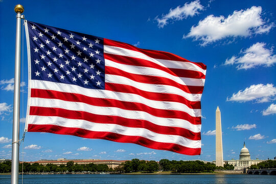United States Flag Waving Over Washington DC Landmarks AI Generated