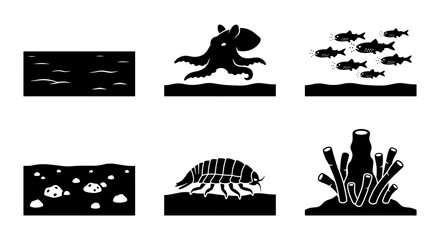 Fototapeta premium Marine Life Icons Set: Octopus, Fish School, Coral, Underwater Scenes, Crustacean Vector Graphics for Oceanography and Nature Concepts