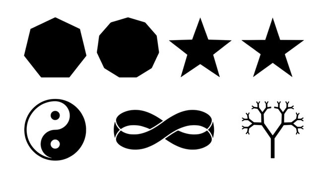 Geometric Shapes and Symbols Collection, Vector Icons for Design, Yin Yang, Infinity, Fractal Tree, Stars, Polygons