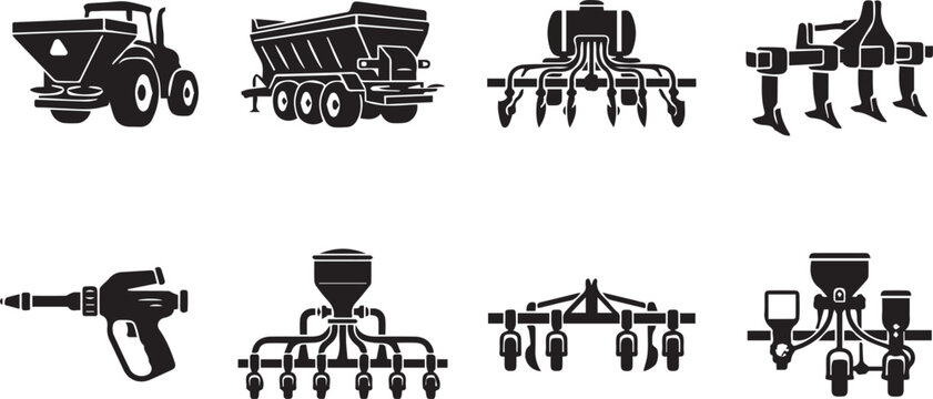 Agricultural fertilizer spreading liquid manure spraying and field cultivation machinery icons black vector silhouettes set