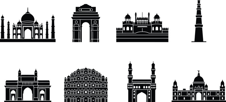 Independence day bundle icons set indian landmarks and monuments