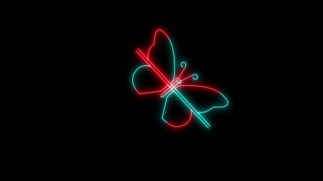 Neon Butterfly, one line drawing animation, video clip with alpha channel. Butterfly drawing with one continuous line. Single line design of beautiful butterfly for business, social