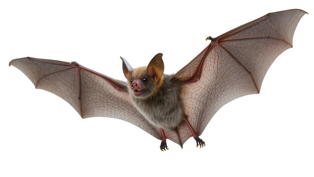 Isolated flying bat with brown fur, large ears, spread textured wings, and open mouth showing teeth