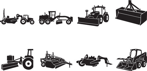 Obraz premium Agricultural land leveling and heavy earthmoving grading machinery icons black vector silhouettes set