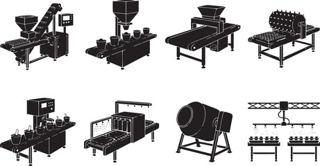 Obraz premium Greenhouse nursery automation processing lines and automated potting machinery icons black vector silhouettes set