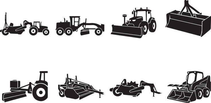 Agricultural land leveling and heavy earthmoving grading machinery icons black vector silhouettes set